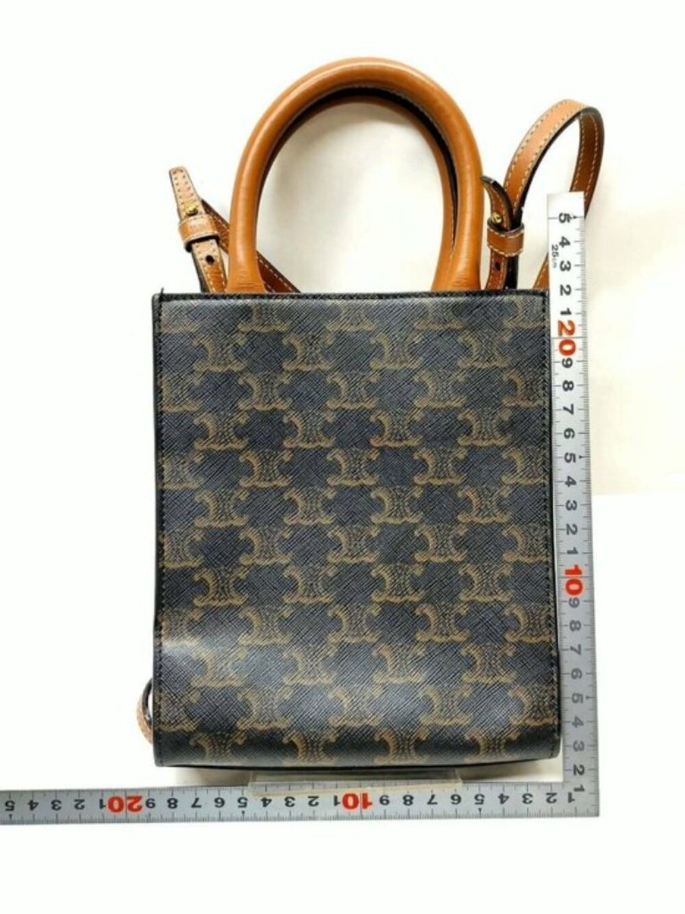 Authentic Celine Mini Vertical Cabas Triomphe Canvas Crossbody Tote Brown Logo - Picture 3 of 16